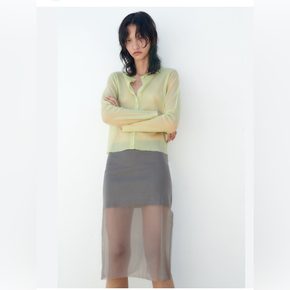 MIXED SEMI-SHEER KNIT MIDI SKIRT